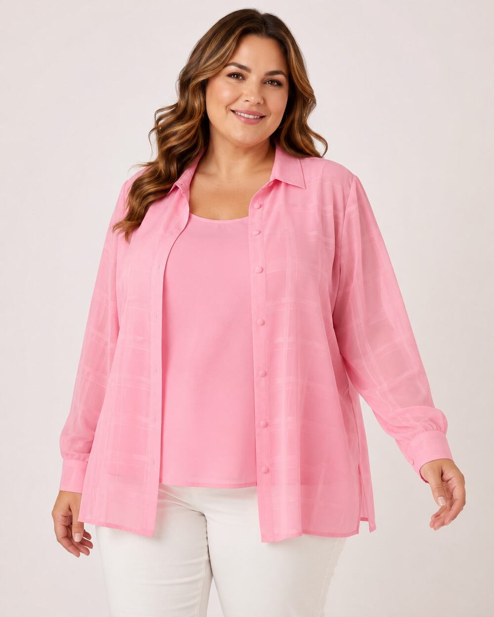 Liz Baker 2 Piece Blouse Tank Twin Set 24W Plus Pink Chiffon Button Up